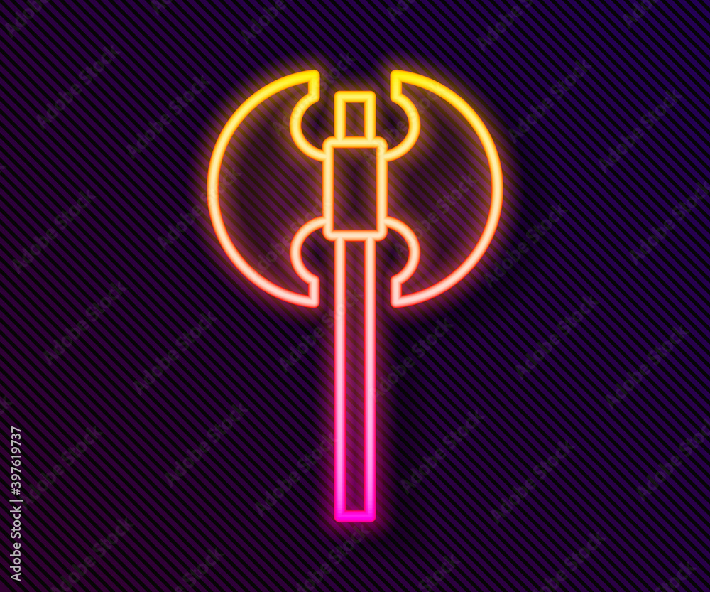 Glowing neon line Medieval axe icon isolated on black background. Battle axe, executioner axe. Medieval weapon. Vector. Glowing neon line Medieval axe icon isolated on black background. Battle axe, executioner axe. Medieval weapon. Vector.