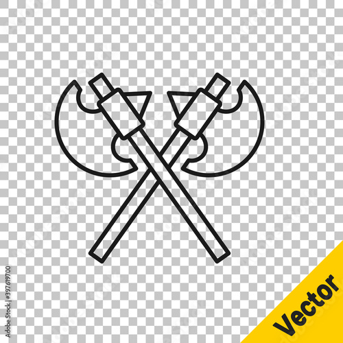 Black line Crossed medieval axes icon isolated on transparent background. Battle axe, executioner axe. Medieval weapon. Vector.
