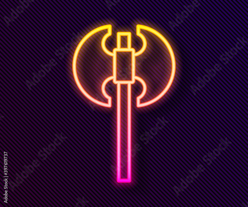Glowing neon line Medieval axe icon isolated on black background. Battle axe, executioner axe. Medieval weapon. Vector.