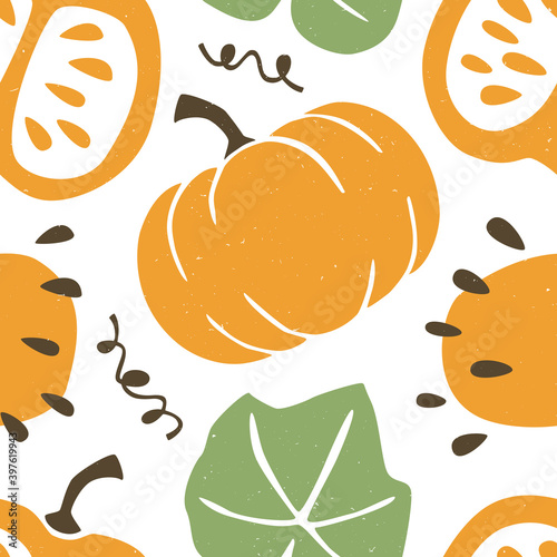 Cute pumpkin seamless pattern. Ripe pumpkins, seeds and leaves on white background. Vector shabby hand drawn illustration