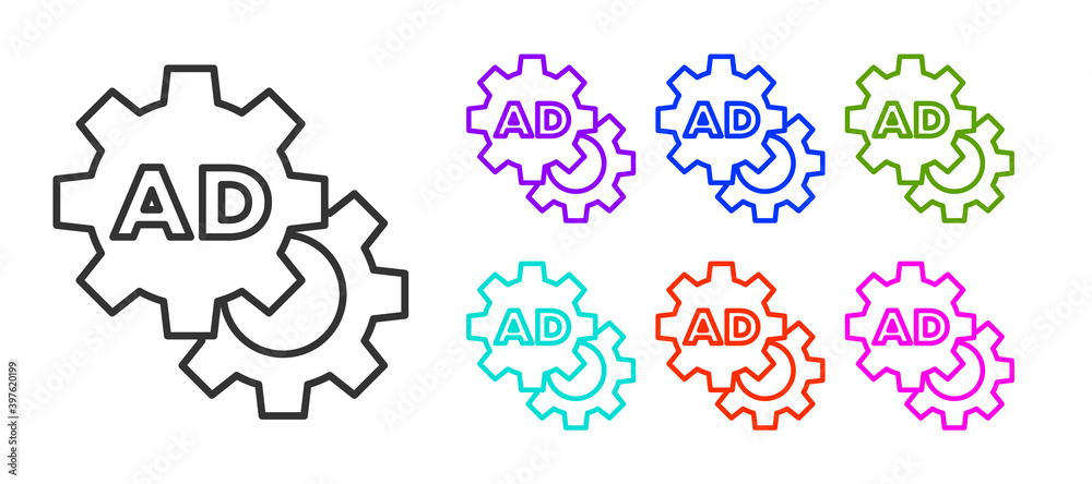 Black line Advertising icon isolated on white background. Concept of marketing and promotion process. Responsive ads. Social media advertising. Set icons colorful. Vector. Black line Advertising icon isolated on white background. Concept of marketing and promotion process. Responsive ads. Social media advertising. Set icons colorful. Vector.