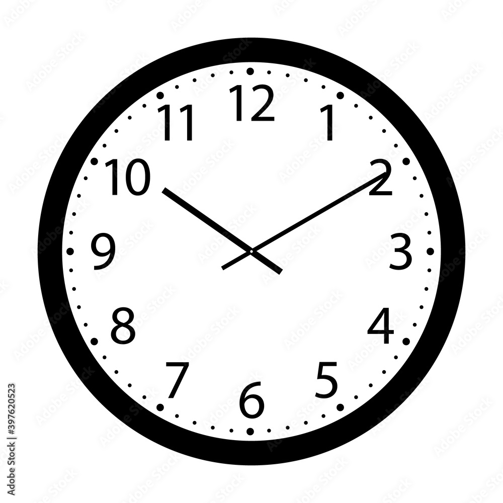 Wall clock with black frame and hands. Flat style vector illustration. Simple classic pointer wall clock with arabic numerals isolated on white Wall clock with black frame and hands. Flat style vector illustration. Simple classic pointer wall clock with arabic numerals isolated on white