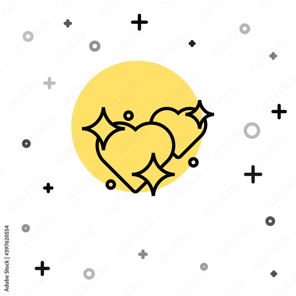 Black line Two Linked Hearts icon isolated on white background. Romantic symbol linked, join, passion and wedding. Valentine day symbol. Random dynamic shapes. Vector. Black line Two Linked Hearts icon isolated on white background. Romantic symbol linked, join, passion and wedding. Valentine day symbol. Random dynamic shapes. Vector.