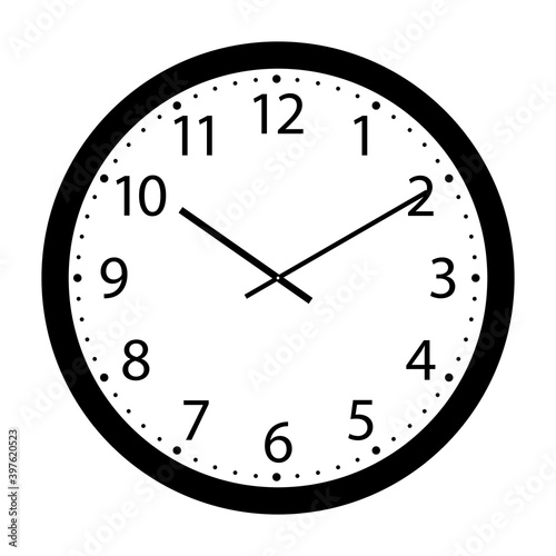 Wall clock with black frame and hands. Flat style vector illustration. Simple classic pointer wall clock with arabic numerals isolated on white