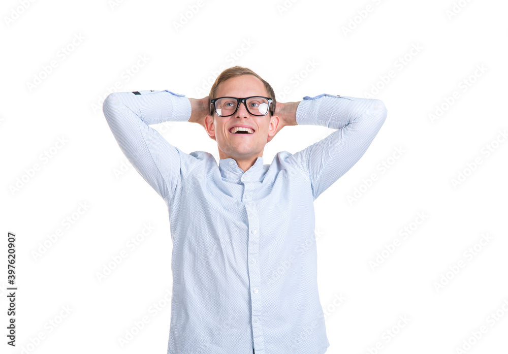 My Dream! Young happy man in glasses is dreaming and holds his hands up behind his head, isolated on white background. My Dream! Young happy man in glasses is dreaming and holds his hands up behind his head, isolated on white background.