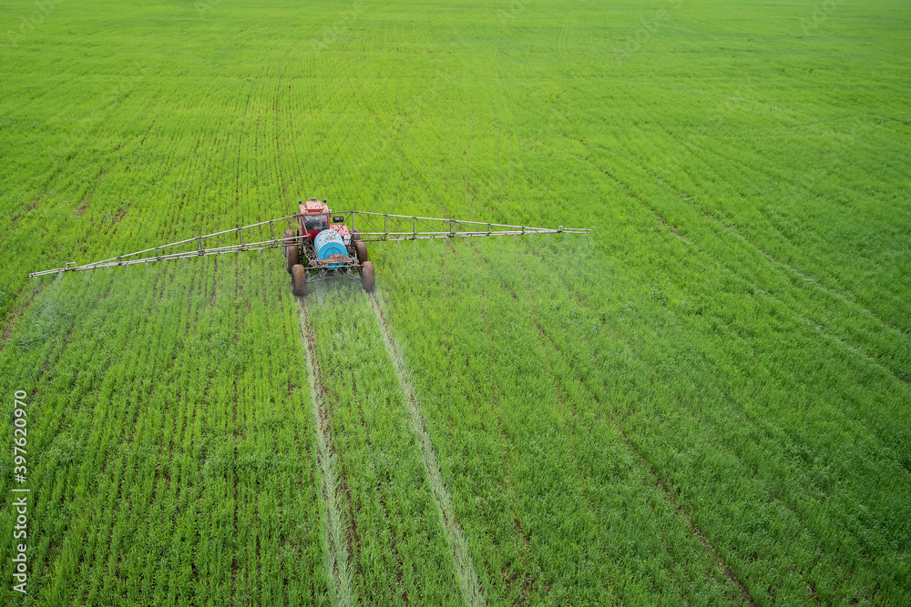Tractor sprays pesticides in the field. Rear view. Shooting from a drone. Tractor sprays pesticides in the field. Rear view. Shooting from a drone.