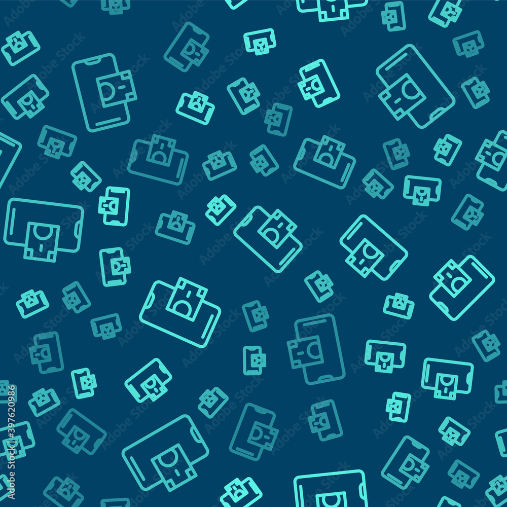 Green line Mobile banking icon isolated seamless pattern on blue background. Transfer money through mobile banking on the mobile phone screen. Vector. Green line Mobile banking icon isolated seamless pattern on blue background. Transfer money through mobile banking on the mobile phone screen. Vector.