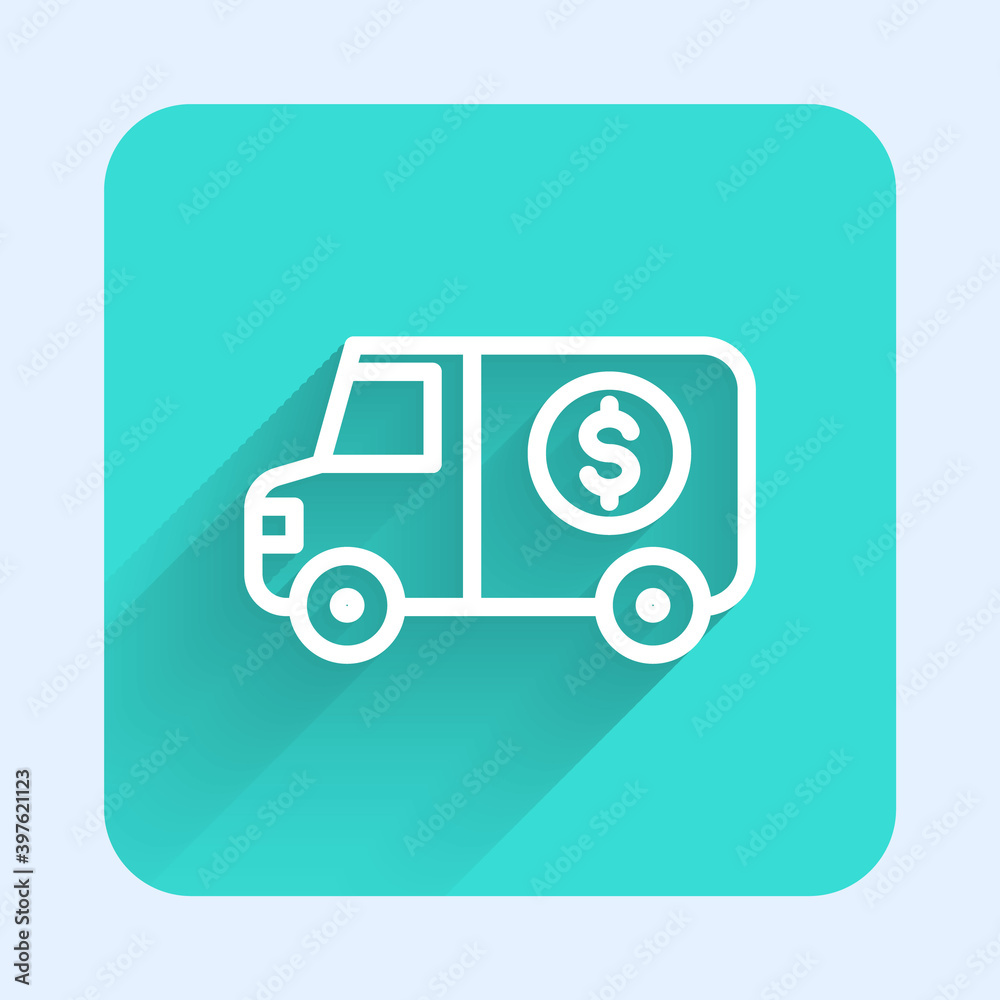 White line Armored truck icon isolated with long shadow. Green square button. Vector. White line Armored truck icon isolated with long shadow. Green square button. Vector.
