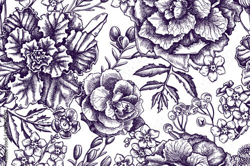 Artistic seamless pattern with wax flower, forget me not flower, tansy, ardisia, brassica, decorative cabbage