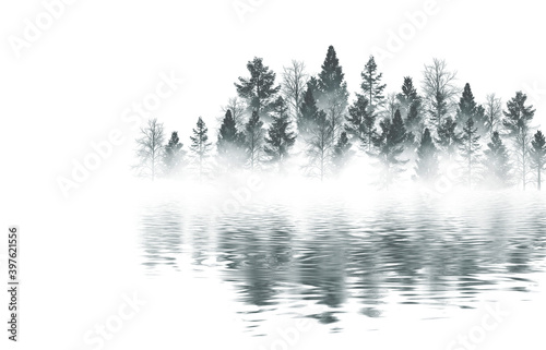 Winter abstract landscape. Sunlight in the winter forest. Abstract forest landscape, trees on the river bank, reflection in the water. Snow, Winter, smoke, smog. 3D illustration