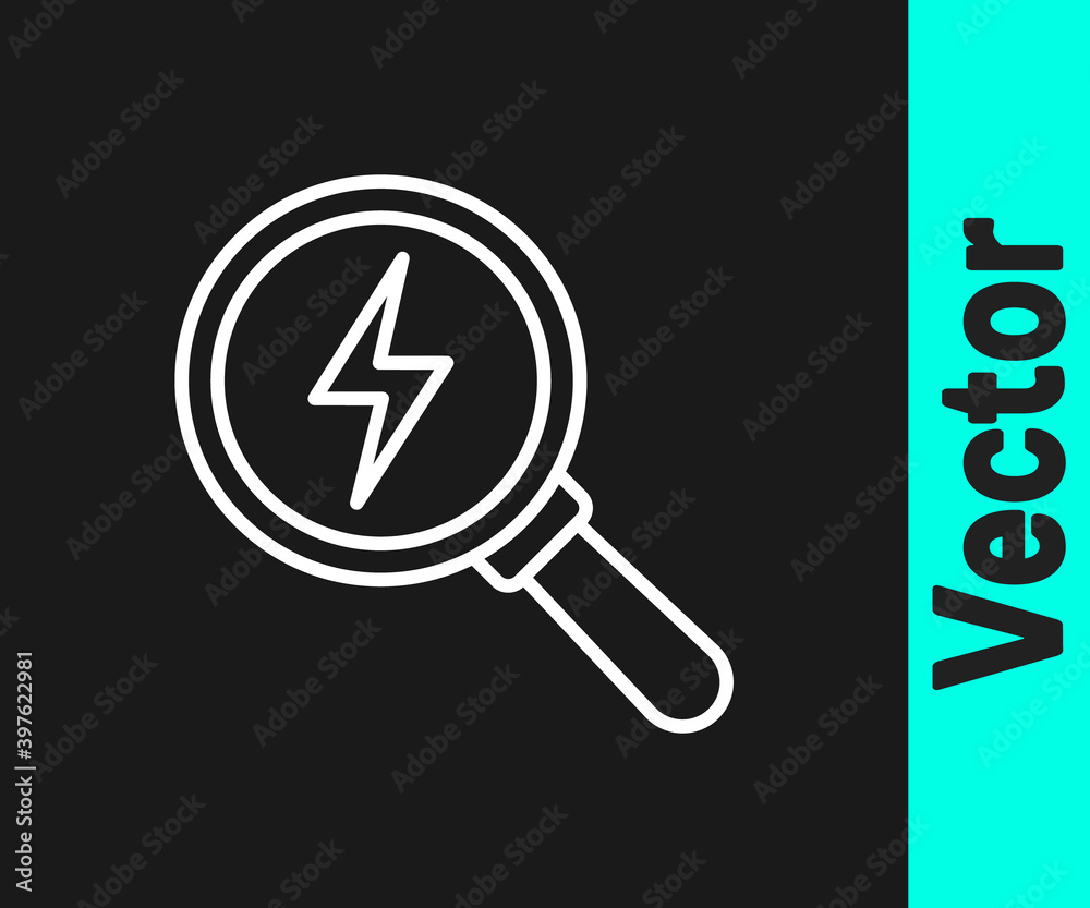 White line Magnifying glass with lightning bolt icon isolated on black background. Flash sign. Charge flash. Thunder bolt. Lighting strike. Vector. White line Magnifying glass with lightning bolt icon isolated on black background. Flash sign. Charge flash. Thunder bolt. Lighting strike. Vector.