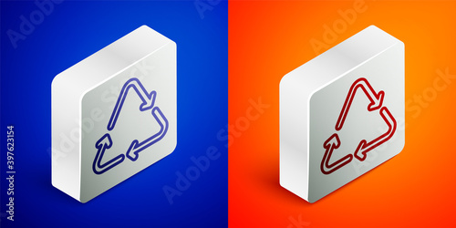 Isometric line Recycle symbol icon isolated on blue and orange background. Circular arrow icon. Environment recyclable go green. Silver square button. Vector.