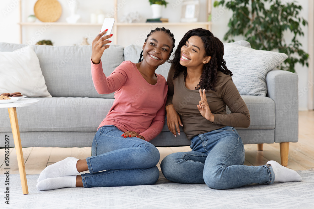 Cute black girlfriends taking selfie together on phone