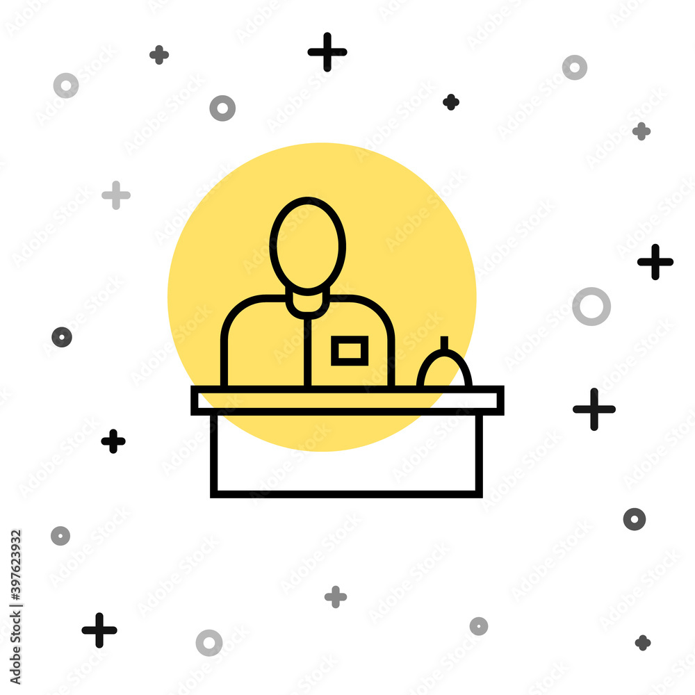 Black line Receptionist standing at hotel reception desk icon isolated on white background. Random dynamic shapes. Vector. Black line Receptionist standing at hotel reception desk icon isolated on white background. Random dynamic shapes. Vector.