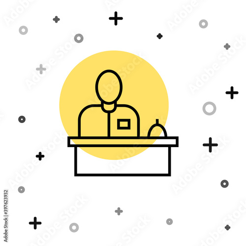 Black line Receptionist standing at hotel reception desk icon isolated on white background. Random dynamic shapes. Vector.