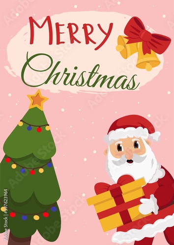 Modern Christmas card flat stylish design. Creative design with Santa and Chritsmas tree