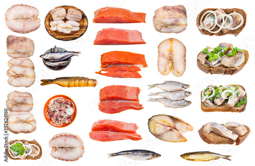 collection of various salted fishes isolated on white background