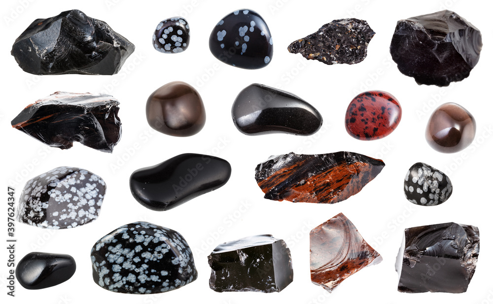 collection of various Obsidian (volcanic glass) natural mineral gem stones  and samples of rock isolated on white background Stock Photo | Adobe Stock