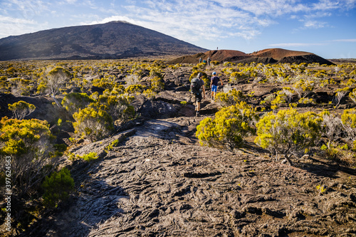 Hikers walking to the summit of the Piton de la Fournaise volcano in Réunion photo
