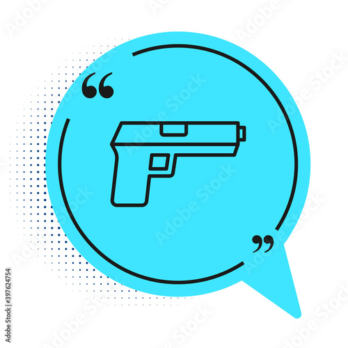 Black line Pistol or gun icon isolated on white background. Police or military handgun. Small firearm. Blue speech bubble symbol. Vector.