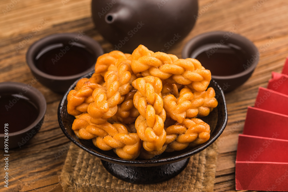 fried dough twist on tea table fried dough twist on tea table