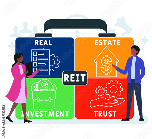 Flat design with people. REIT - Real Estate Investment Trust acronym. business concept background. Vector illustration for website banner, marketing materials, business presentation, online advertisin