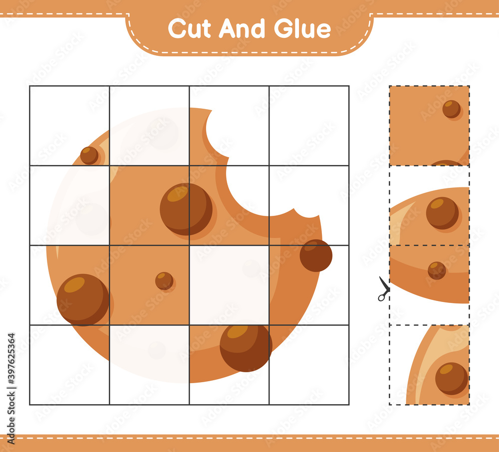 Cut and glue, cut parts of Cookies and glue them. Educational children game, printable worksheet, vector illustration