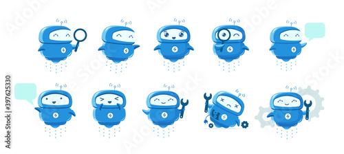 Little flying Robot mascot character set. Support service-center. Chat bot. Search with magnifying. For all tasks. Cartoon vector illustration. photo