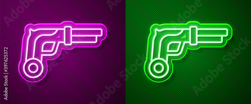 Glowing neon line Vintage pistols icon isolated on purple and green background. Ancient weapon. Vector.