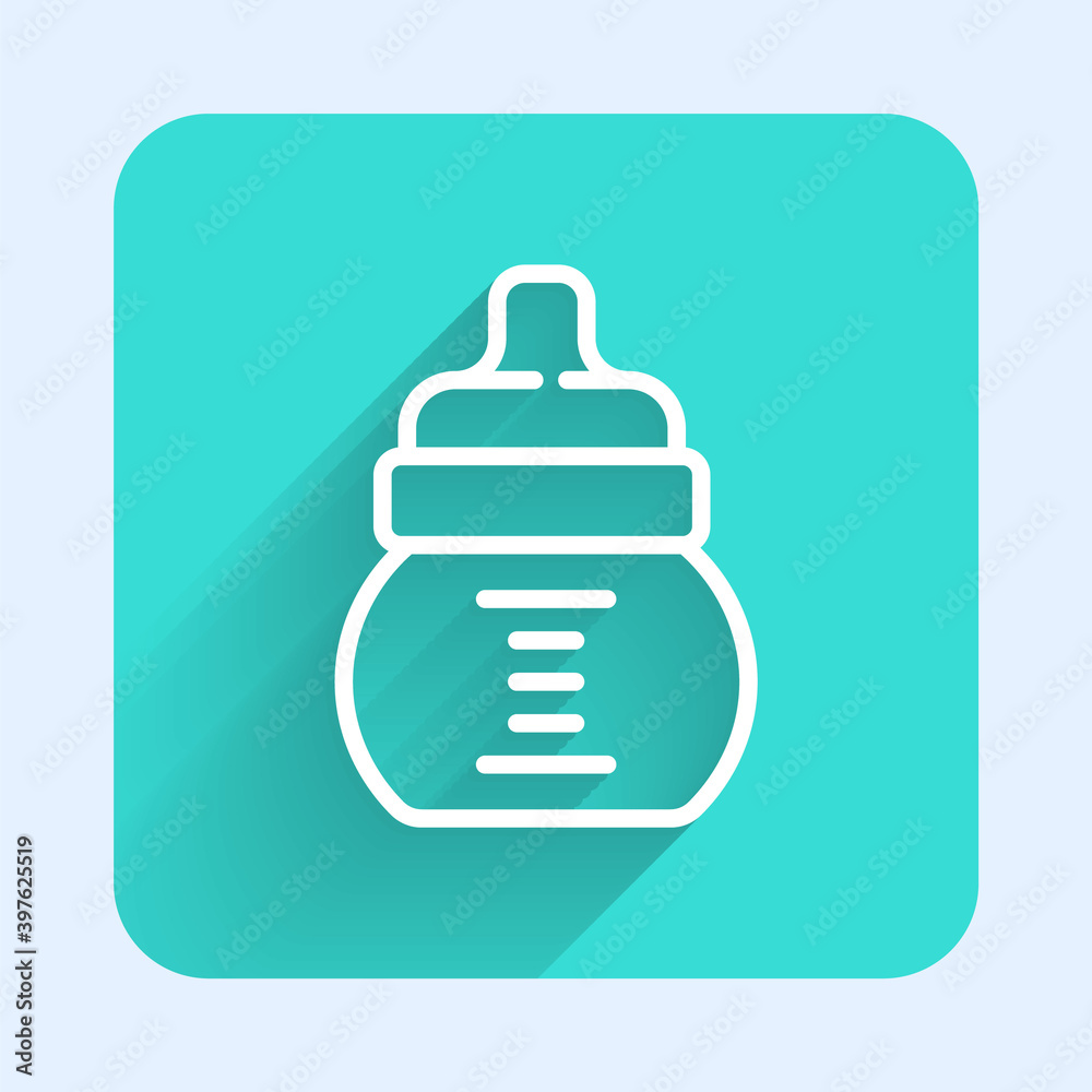 White line Baby bottle icon isolated with long shadow. Feeding bottle icon. Milk bottle sign. Green square button. Vector. White line Baby bottle icon isolated with long shadow. Feeding bottle icon. Milk bottle sign. Green square button. Vector.