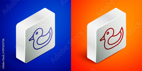 Isometric line Rubber duck icon isolated on blue and orange background. Silver square button. Vector.