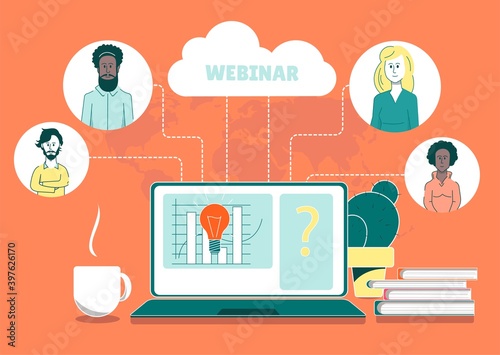 Illustration symbolizing online webinar. Online training for people from different parts of the world.