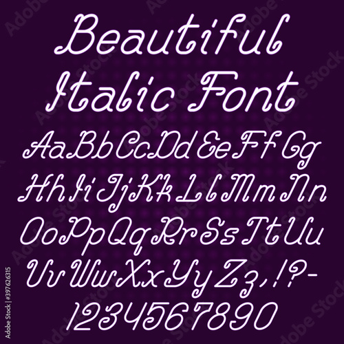 Beautiful italic curly font. Alphabet of ornate capital and lowercase letters with digits and punctuation marks.