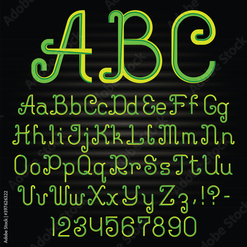 Stripy curly font. Alphabet of ornate capital and lowercase letters with digits and punctuation marks.