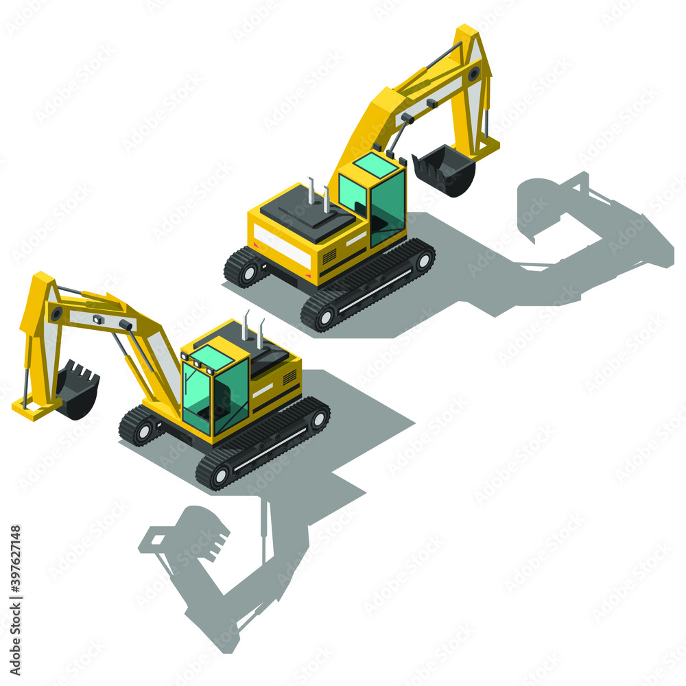Abstract Isometric 3D Excavator 
Transport With Shadow Vector Design Style