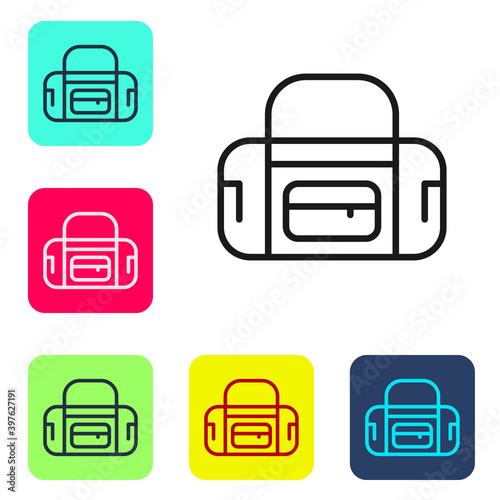 Black line Sport bag icon isolated on white background. Set icons in color square buttons. Vector.