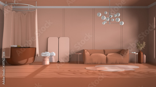 Fototapeta Naklejka Na Ścianę i Meble -  Classic orange background with copy space: empty bathroom with vintage round bathtub, shower curtain, carpet, sofa, mirrors, stool and decors. Home and hotel interior design concept