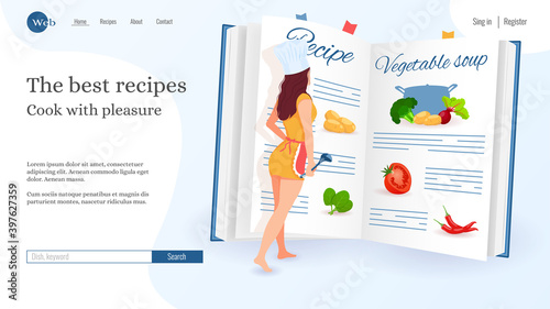 Website design, Woman reading recipe. Recipes, homemade food, food preparation, learning concept. Vector illustration for poster, banner, website development.