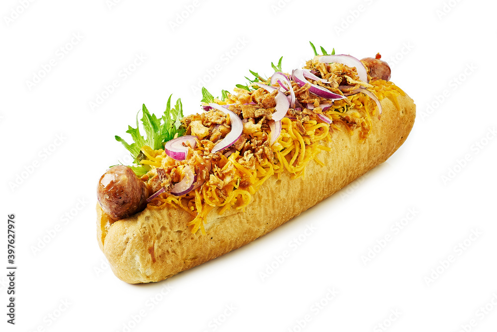 Juicy hot dog with various toppings on white Juicy hot dog with various toppings on white