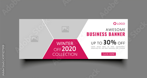 Winter Business Facebook cover page timeline web ad banner template with photo place modern layout white background and vivid pink shape and text design