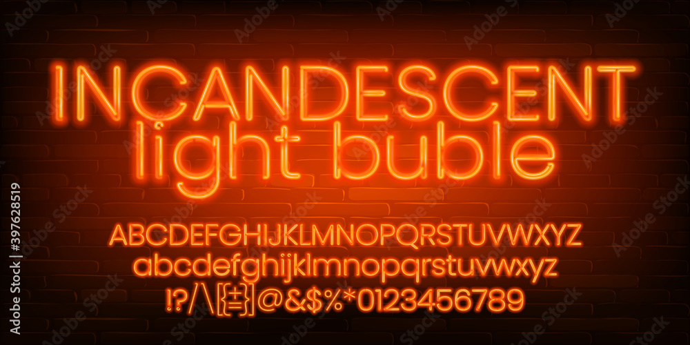 Incandescent Light Bulb alphabet font. Orange neon light letters, numbers and symbols. Brick wall background. Stock vector typescript for your design. Incandescent Light Bulb alphabet font. Orange neon light letters, numbers and symbols. Brick wall background. Stock vector typescript for your design.