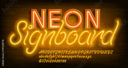 Neon alphabet font. Yellow neon light letters and numbers. Brick wall background. Stock vector typescript for your design.