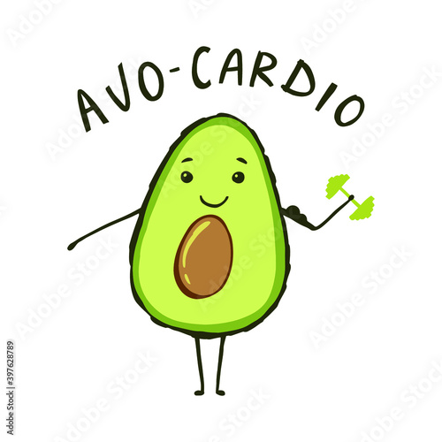 kawaii cartoon avocado makes sport. Cute food illustration. Funny poster or t-shirt template design with cartoon avocado and lettering text Avo cardio. Vector illustration