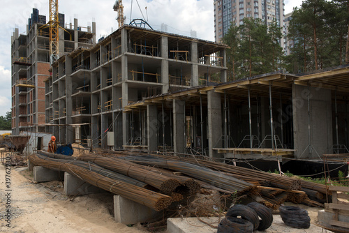 Rebar warehouse. Construction site. Production of apartments, social housing.