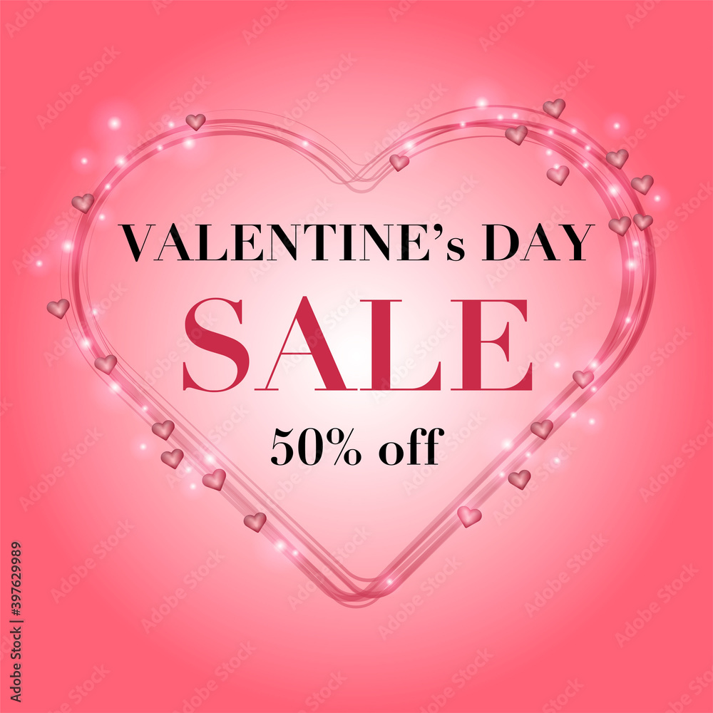 Valentines day sale 50% off banner on gradient pink background with heart. Great bright banner for Celebration posters, websites, advertisement, banners.