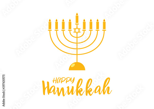 Happy Hanukkah golden menorah icon vector. Golden candlestick icon isolated on a white background. Happy Hanukkah sign with golden menorah vector. Jewish holiday Hanukkah. Important day