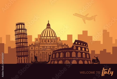 Abstract Italian cityscape with silhouettes of sights at sunset