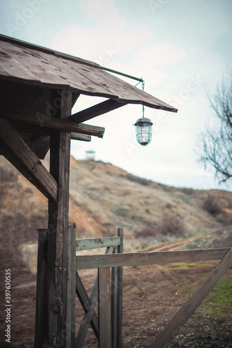 old village porch with street lantern