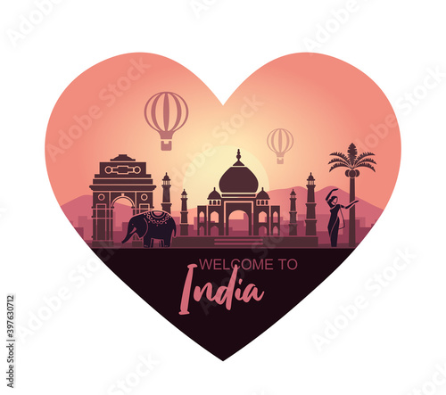 Stylized heart-shaped landscape with the sights of India and a dancing woman