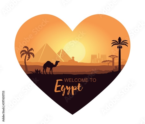 Stylized heart-shaped landscape of Egypt at sunset. Vector illustration